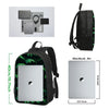 A black backpack with a green leaf pattern, shown alongside its disassembled components and a MacBook Air.