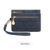 Cartera de cuero PU azul oscuro con cremallera plegable retro y herrajes dorados, sobre fondo blanco.