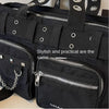 Black nylon shoulder bag featuring multiple zippered pockets and rivet details