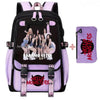 Schulrucksack-Set in schwarz und lila mit Hello Monsters-Grafiken für Schüler.