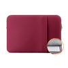 A maroon laptop sleeve case with a gray lining shown from the side.