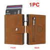 A brown leather wallet showing the front and back, featuring an RFID-blocking card slot and a zipper compartment.