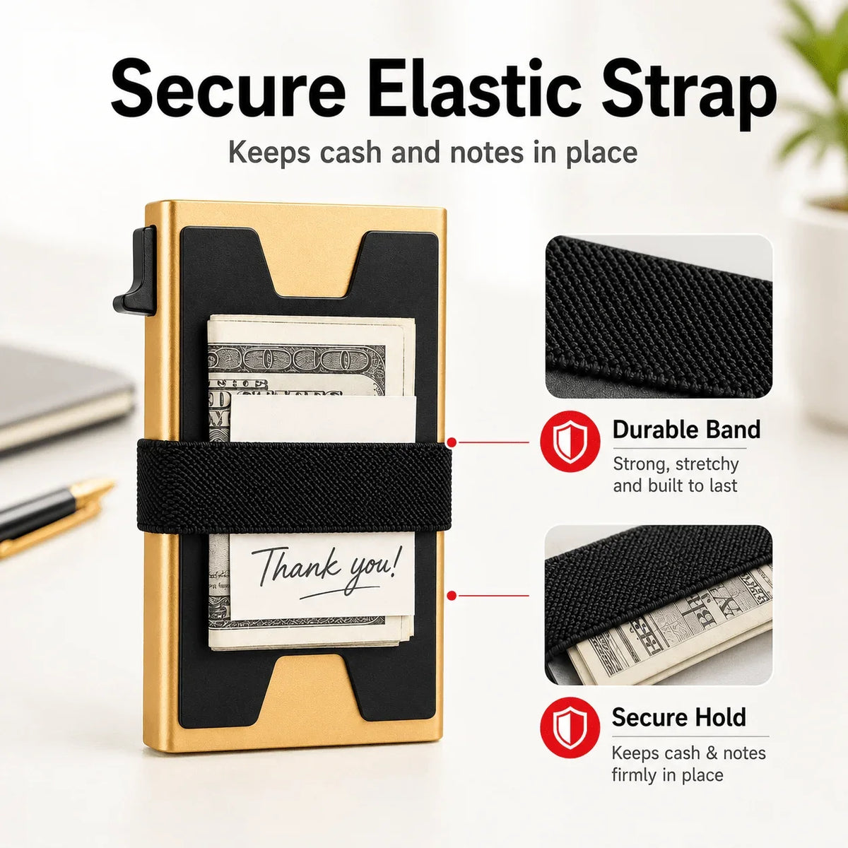 Porte-cartes élastique or et noir sécurisant argent et billets.