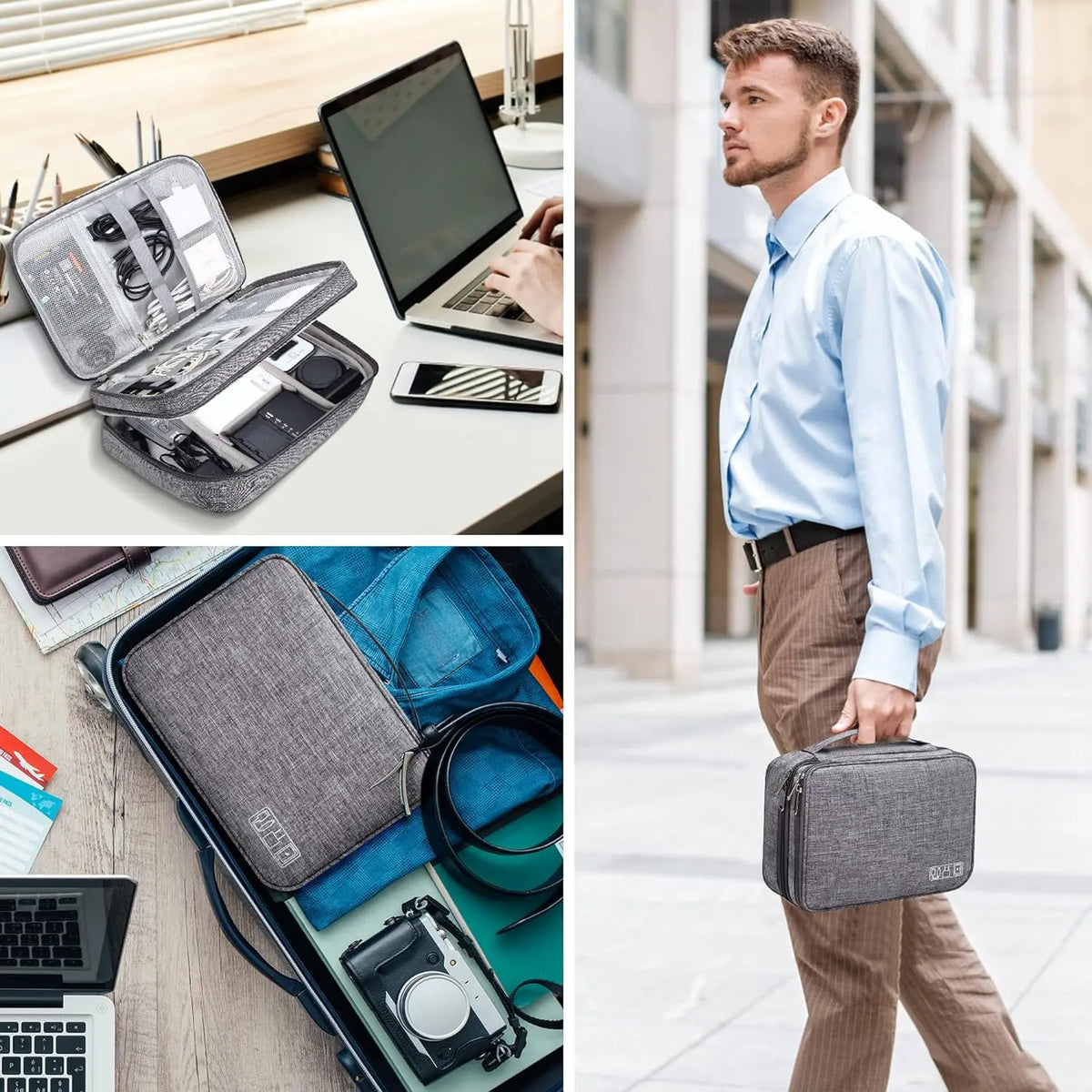 A man wearing a blue shirt and brown pants stands outdoors, holding a gray leather cable storage organizer bag.