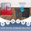 Red vacuum storage bag and black compression bags demonstrating space-saving travel storage solutions