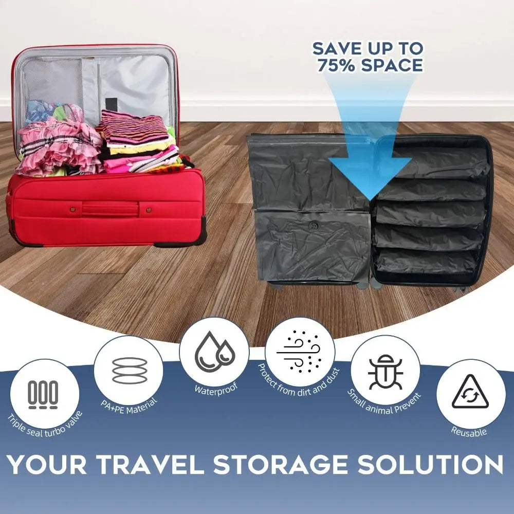 Red vacuum storage bag and black compression bags demonstrating space-saving travel storage solutions