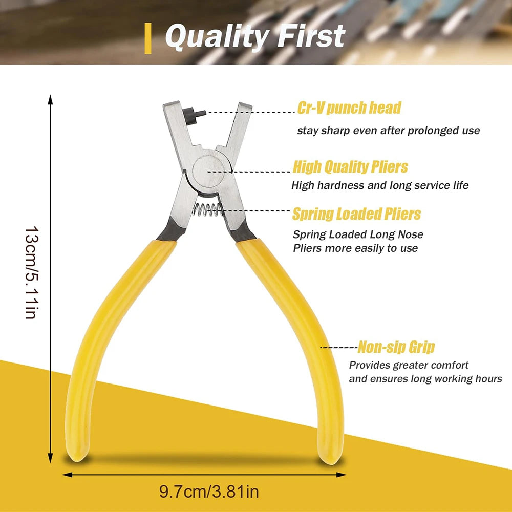 A pair of yellow professional leather hole punch pliers with a Cr-V punch head and non-slip grip.