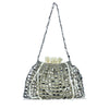 Handmade silver and gold beaded dumpling bag with a long chain strap