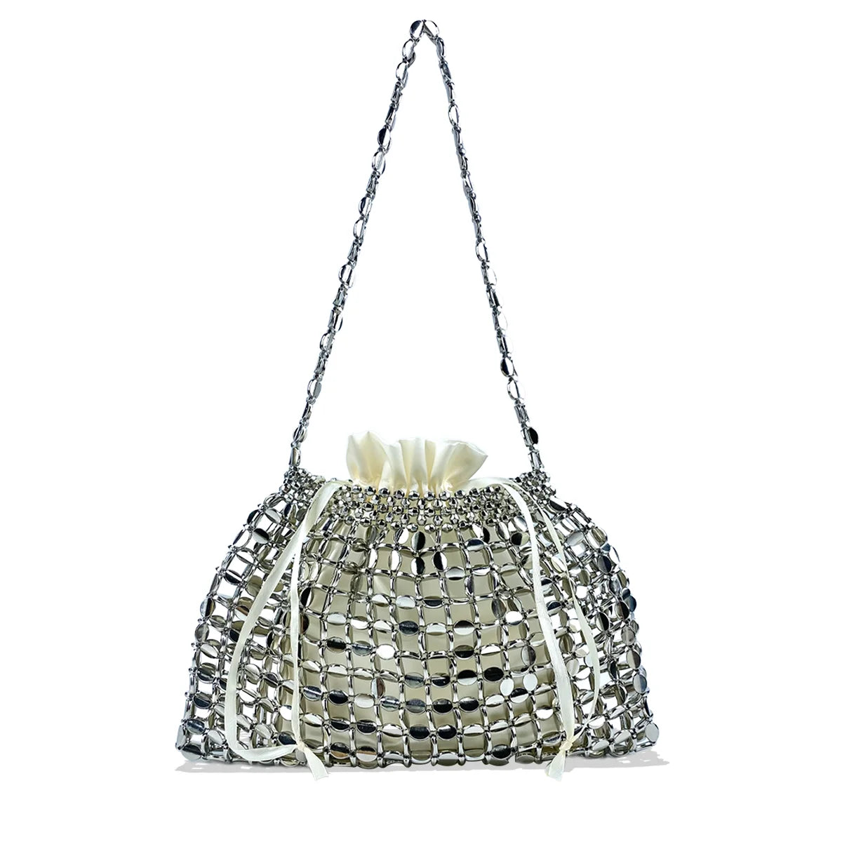 Handmade silver and gold beaded dumpling bag with a long chain strap