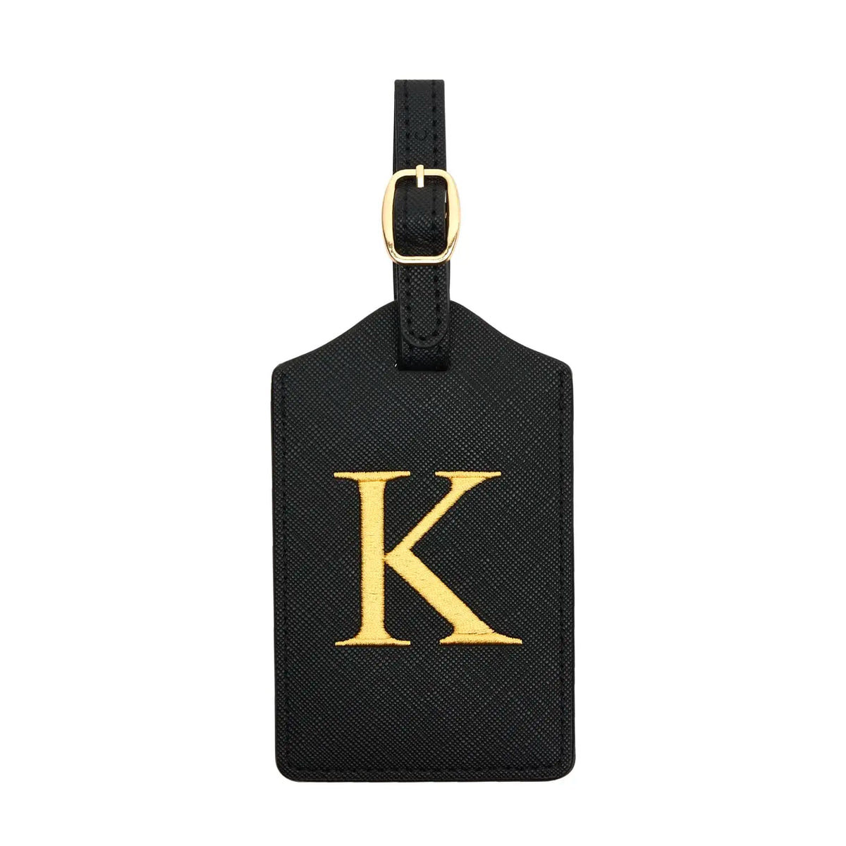 Black PU leather luggage tag with a gold letter K and a metal loop for attachment.