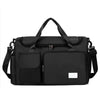 Black large capacity travel duffle bag with shoulder straps and multiple compartments