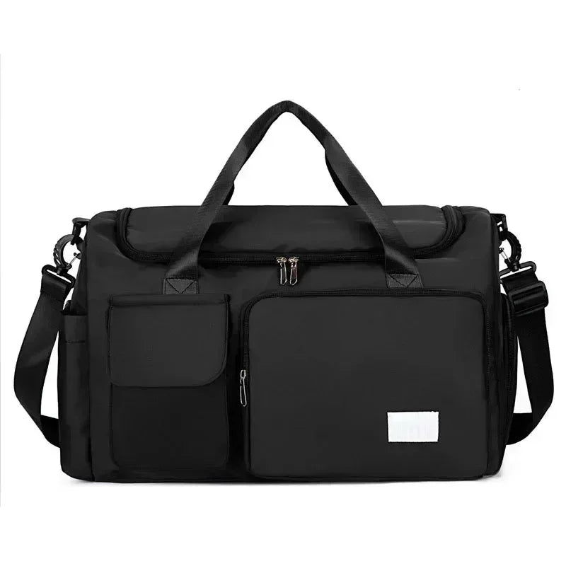 Black large capacity travel duffle bag with shoulder straps and multiple compartments