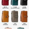 A collection of leather wallets in various colors including wine red, peacock blue, black, yellow, gray, brown, pink, and lig