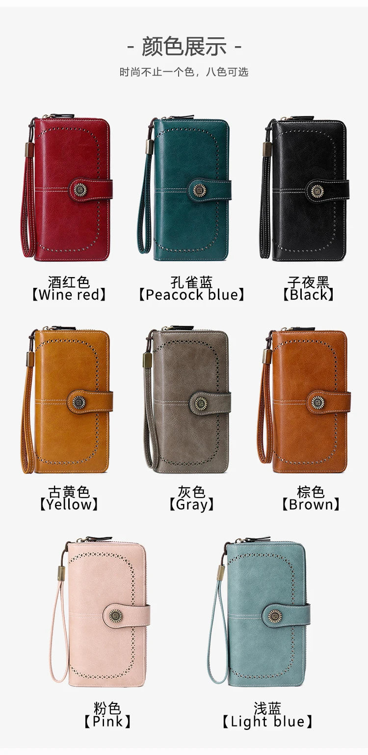 A collection of leather wallets in various colors including wine red, peacock blue, black, yellow, gray, brown, pink, and lig