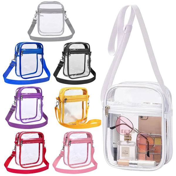 A collection of clear PVC crossbody shoulder bags in various colors including blue, black, purple, yellow, and pink.