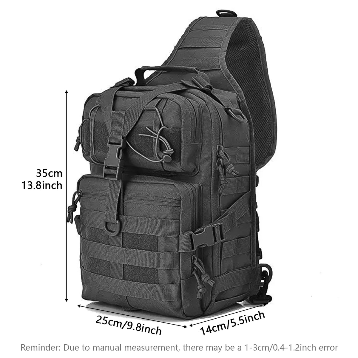 Black multi-compartment crossbody and chest bag shown from the back with dimension markings.