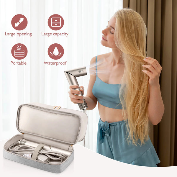 A woman is using a handheld hair dryer on her long blonde hair, with an accessory storage case nearby.