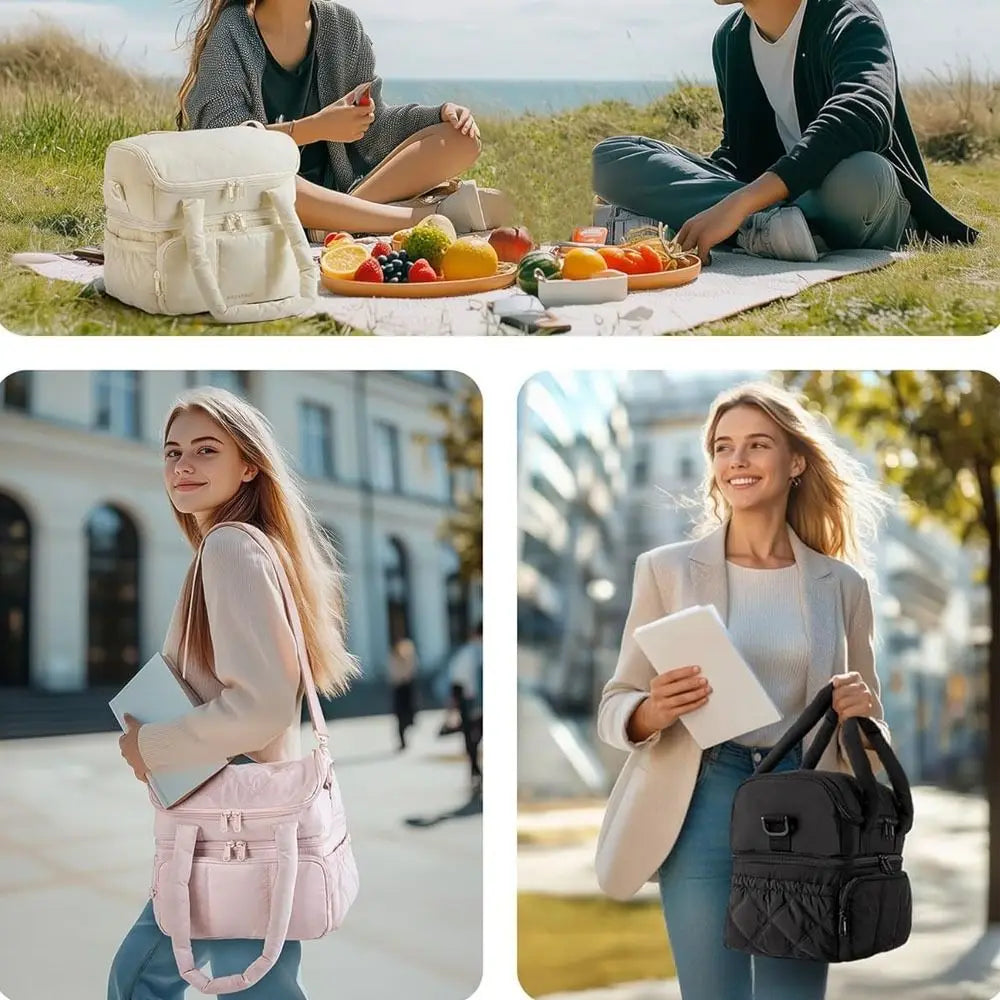Una mujer sostiene una bolsa de almuerzo acolchada negra y impermeable al aire libre.