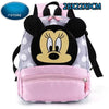 Mochila de peluche con ratón pato rosa y gris, orejas de Minnie y bolsillo con cremallera rosa.