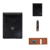 Cartera delgada negra con textura de fibra de carbono, porta tarjetas de cuero y billetera de cuero marrón de dos pliegues.