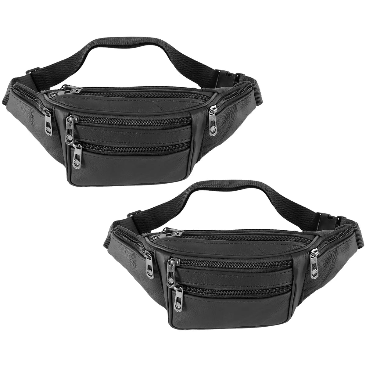 Black genuine leather adjustable waist bag with zipper closures