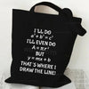 A black canvas tote bag featuring mathematical equations and text on the front.