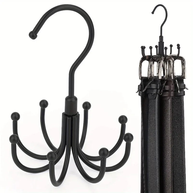 Schwarze Edelstahl-Riemenhalterung mit drehbarer Leiste und mehreren Haken