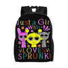A black backpack featuring a graphic of a girl who loves Sprunki.