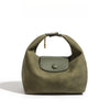 A olive green nylon dumpling crossbody shoulder bag with a flap and gold hardware.
