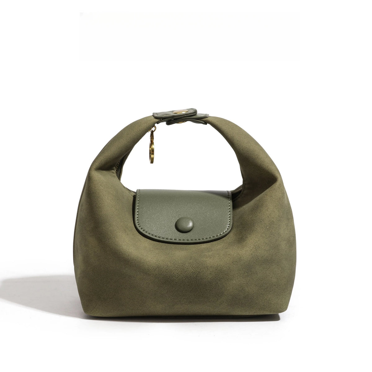 A olive green nylon dumpling crossbody shoulder bag with a flap and gold hardware.