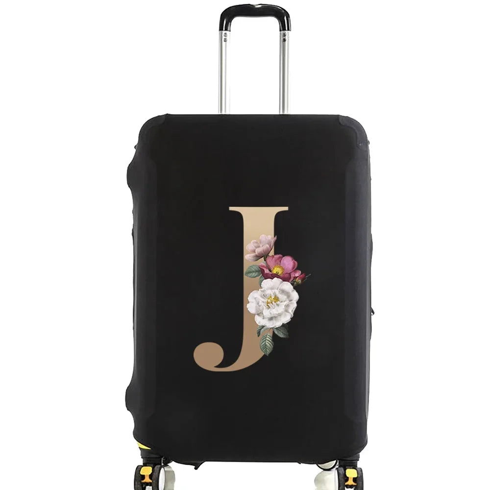 Black premium elastic luggage protective cover with a gold initial J design