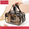 Una bolsa reutilizable transparente con correas negras y dos bolsillos medianos junto a un objeto de color dorado.
