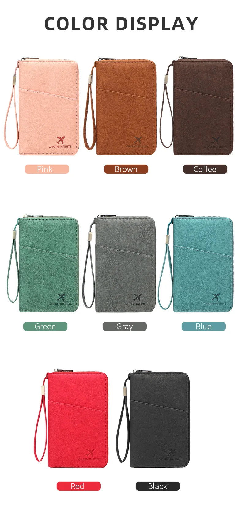 A display of various colors for a multi-functional RFID blocking passport and document holder, including pink, brown, coffee,