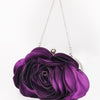 A deep purple rose floral evening clutch bag with a silver chain strap.