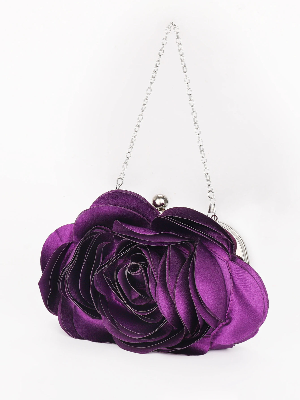 A deep purple rose floral evening clutch bag with a silver chain strap.