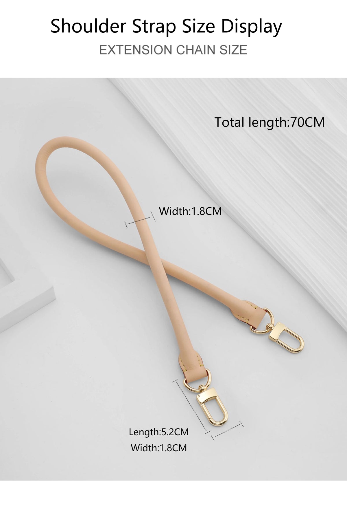 A beige genuine vachetta leather shoulder strap with an extension chain size display showing its dimensions.