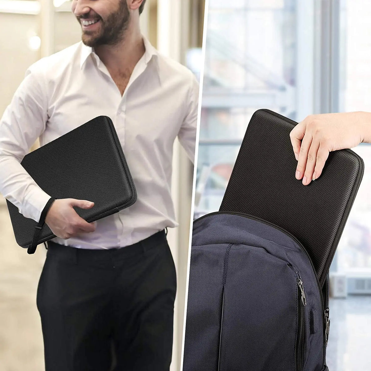 A man in a white shirt and black pants holds a black laptop sleeve while standing near a window.
