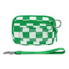 A green and white checkered wallet with an ID window and a green strap.