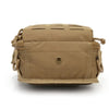 A tan tactical sling bag with multiple compartments shown from the front.