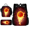 A dark red backpack featuring a fiery orange basketball design on the front and a smaller version on the side.