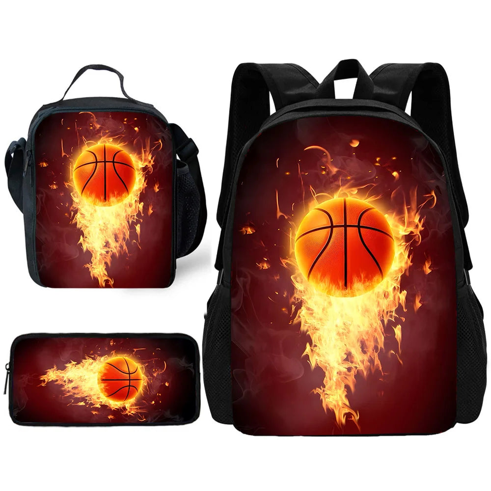 A dark red backpack featuring a fiery orange basketball design on the front and a smaller version on the side.