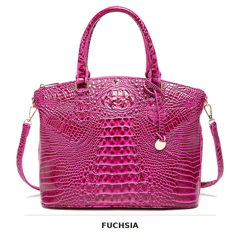 Leuchtend pinkes Krokodilmuster-Oberteil mit Henkel und Crossbody-Tasche.
