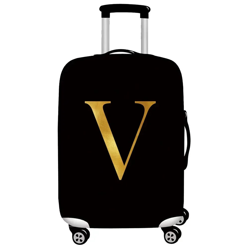 Black thick elastic luggage protective cover with silver handles and wheels
