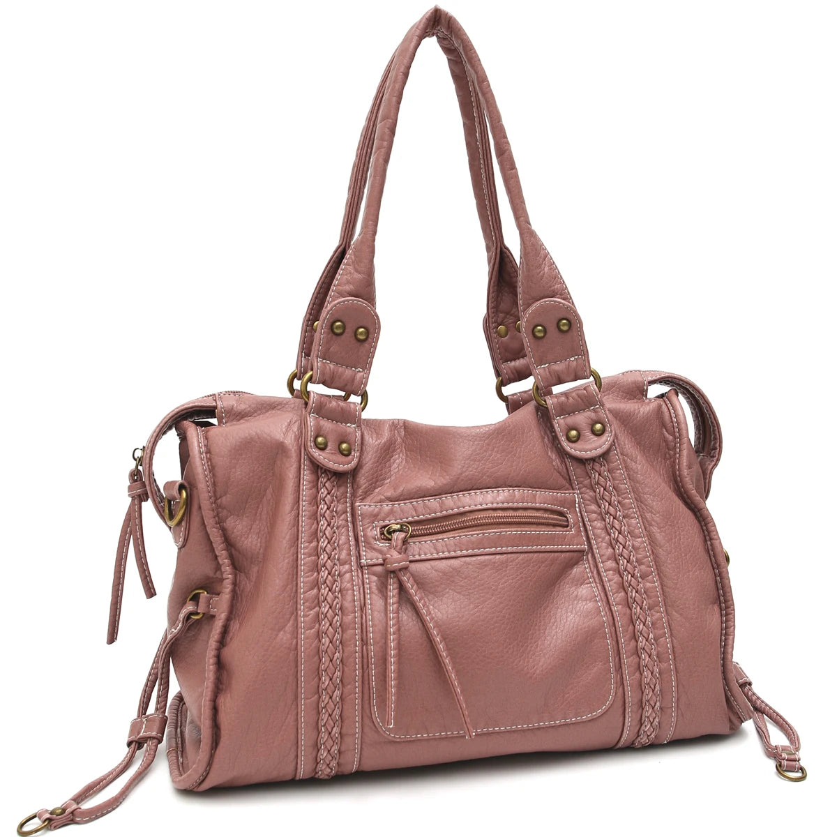 Vintage pinkes PU-Leder-Taschenmodell mit mehreren Reißverschlusstaschen und Lederriemen.