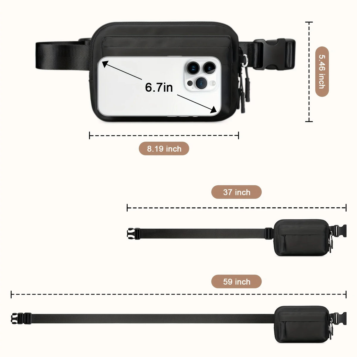 A black waterproof crossbody waist bag with an adjustable strap and a 6.7-inch display.