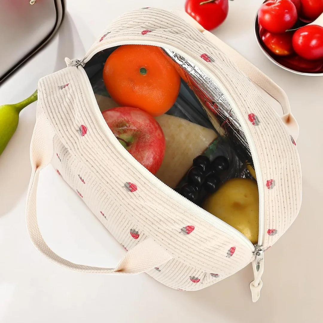A light beige corduroy lunch bag is open, revealing fresh fruits like an orange, apple, grapes, and a yellow fruit.
