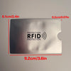 A silver RFID protection card sleeve with dimensions 9.2cm x 6.1cm, featuring an RFID protection logo.