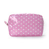 A pink cosmetic storage bag with white polka dots, shown from the front.