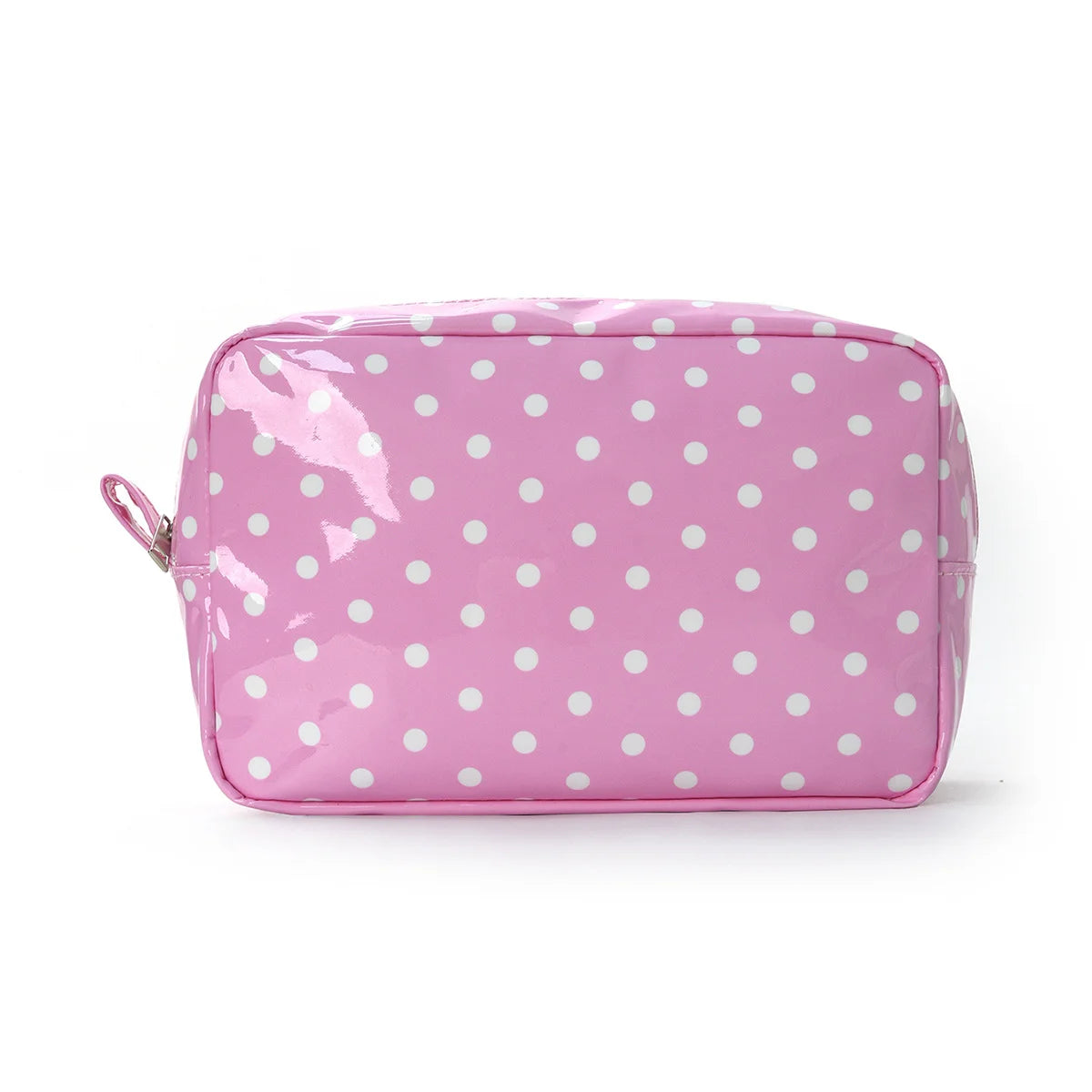 A pink cosmetic storage bag with white polka dots, shown from the front.