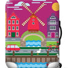 A pink suitcase with a vibrant illustration of a red windmill, buildings, and a green landscape.